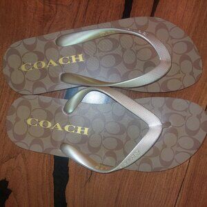 Coach Women's Flip Flop Rubber Sandals Signature Print CC Logo Khaki Gold